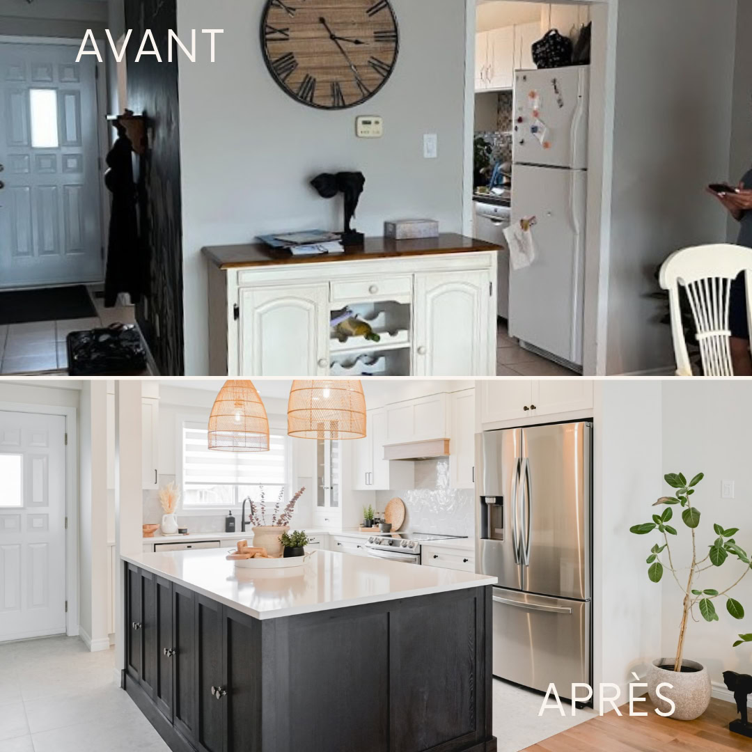 Avant et après d'une rénovation de cuisine à aire ouverte avec retrait de murs, armoires blanches et îlot central noir.